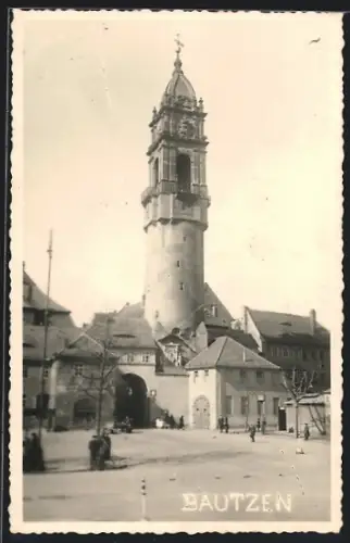AK Bautzen, Turm mit Strassenpartie