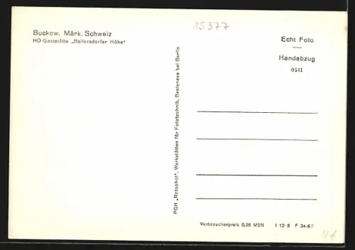 AK Buckow /Märk. Schweiz, HO-Gaststätte Bollersdorfer Höhe, Blick aus dem Fenster
