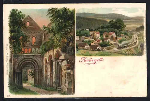 Lithographie Paulinzelle, Klosterruine, Ortsansicht
