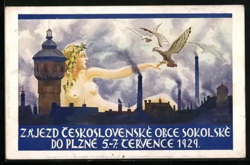 AK Ceskoslovenske Obce Sokolske do Plzne, Cervence 1929, Nackte und Falke