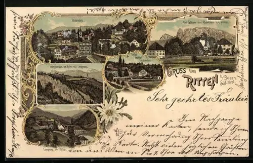 Lithographie Bozen /Süd-Tirol, Gasthof Stoffler, Klobenstein, Erdpyramiden am Ritten, Der Schlern