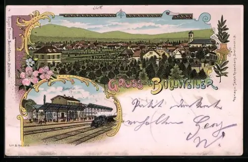 Lithographie Bollweiler, Bahnhof und Panorama