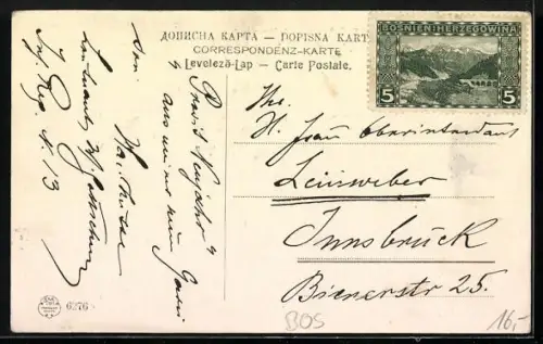 AK Mostar, Franz Josef-Brücke mit Hôtel Narenta