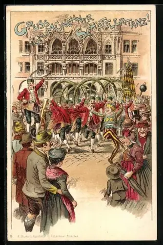 AK Münchner Schäfflertanz, feiernde Anwohner auf dem Stadtplatz