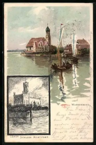 Künstler-AK Carl Biese: Wasserburg / Bodensee, Schloss Montfort und Partie an der Bootsanlegestelle