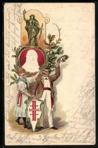 AK Turner mit Wappen vor einem Relief von Turnvater Jahn