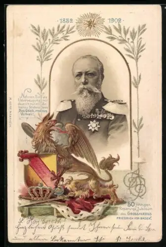 Lithographie Grossherzog Friedrich von Baden, 50jähriges Regierungs-Jubiläum, 1902
