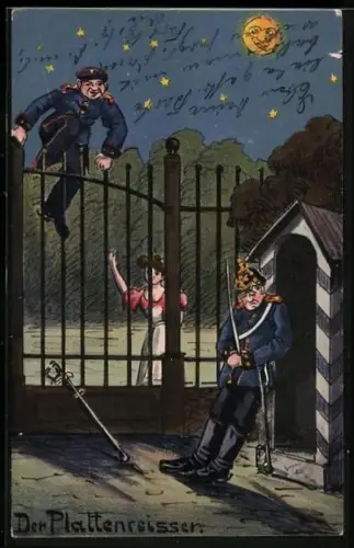 AK Soldatenhumor, Soldat klettert nach der Sperrstunde über den Zaun auf das Kasernengelände