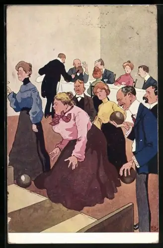 Künstler-AK Wehe wenn sie losgelassen!, Frauen beim Kegeln