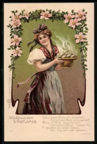 Künstler-AK Frau in vogtländischer Tracht mit einer Schüssel Klösse