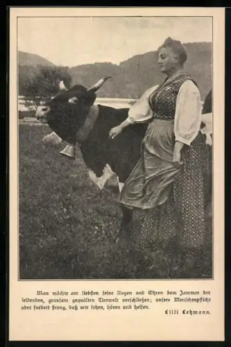 AK Bäuerin mit Kuh, Tierschutz-Zitat nach Lilli Lehmann