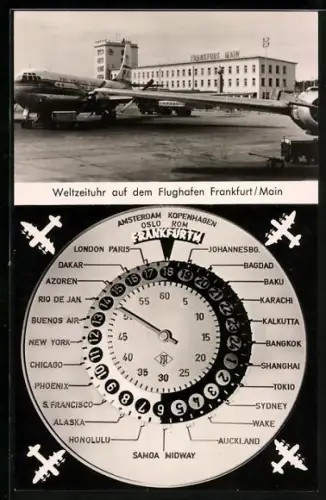 AK Frankfurt /Main, Partie am Flughafengebäude mit Flugzeug, Blick auf die Weltzeituhr