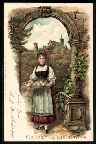 Lithographie Hübsche Thüringerin in Trachten bringt Teller mit Knödeln