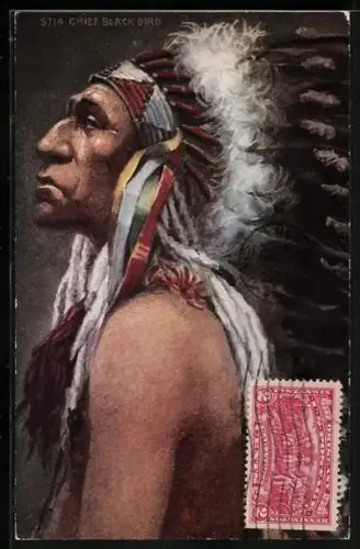 AK Chieg Black Bird, Häuptling mit Federschmuck, Indianer