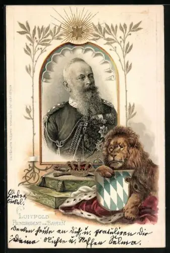 AK Portrait Prinzregent Luitpold von Bayern vor dem bayrischen Löwen