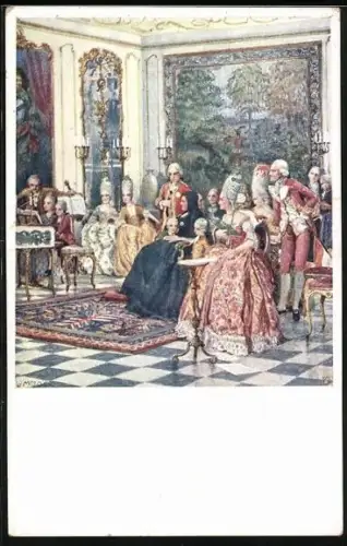 AK Mozart vor dem Hofstaat der Kaiserin Maria Theresia