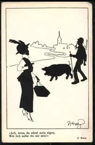 Künstler-AK Fritz Schönpflug: Ach, wenn du wärst mein eigen..., Frau und ein Schweinehirte, Schattenbild