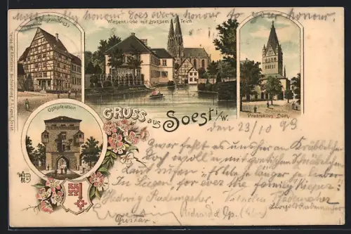Lithographie Soest i. W., Wiesenkirche, Osthofentor, Pratroklus-Dom, Freiligrathhaus