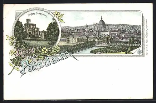 Lithographie Potsdam, Schloss Babelsberg, Stadtansicht