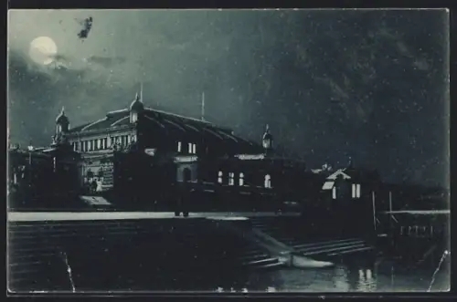 AK Mainz, Stadthalle mit neuer Rheinterrasse bei Nacht