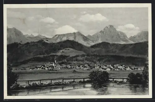 AK Ainring bei Bad Reichenhall, Ortsansicht mit Staufen und Zwiesel im Hintergrund