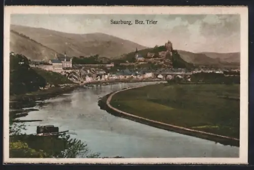 AK Saarburg /Trier, Stadtansicht mit Saar, Burg und Kirche