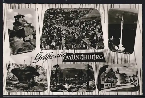 AK Münchberg, Rundfunkturm, Aussichtsturm Schüssel, Ochsenkopf, Waldstein-Teufelstisch