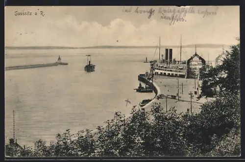 AK Sassnitz a. R., Hafen mit Dampfer
