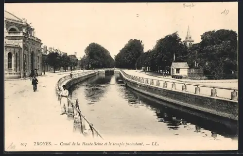 AK Troyes, Canal de la Haute Seine et le temple protestant