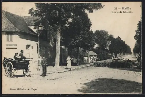 AK Mailly, Route de Châlons avec charrette et troupeau de moutons