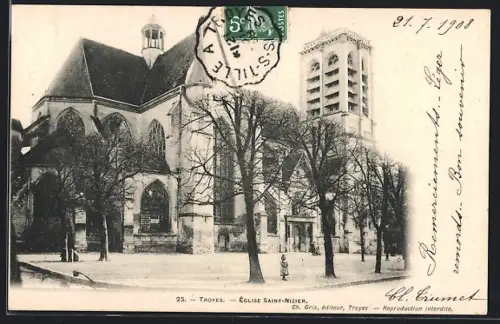 AK Troyes, Église Saint-Nizier et allée d`arbres en hiver