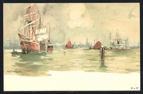 Künstler-AK Rotterdam, Boote im Hafen