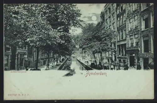 Mondschein-AK Amsterdam, Strassenpartie am Kanal