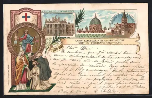 Lithographie Roma, Anno Saeculari VII a Fundatione ord SS Trinitatis, Red-Capt. 1898, Kirche, Heiligenbild, Kreuz