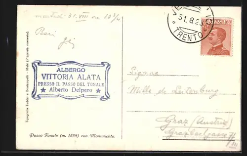 AK Passo Tonale, Albergo Vittoria Alata con Monumento, Ossario al Caduti