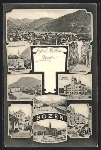 AK Bozen, Talferbrücke, Totalansicht, Walter von der Vogelweide-Denkmal, Batzenhäusl
