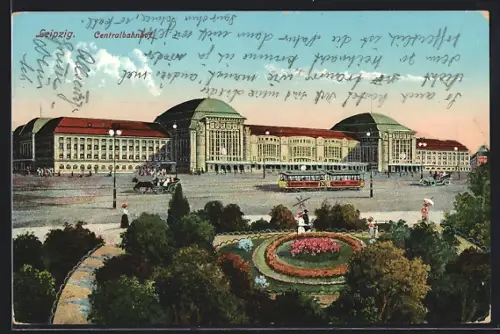 AK Leipzig, Centralbahnhof, Strassenbahn, Blumenanlage