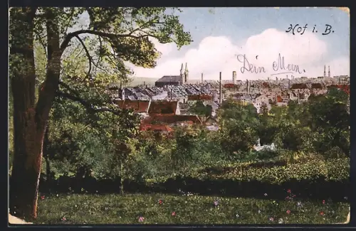 AK Hof i. B., Ortsansicht mit Kirche und Fabrikschornsteinen