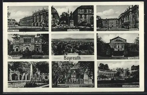 AK Bayreuth, Neues Schloss, Opernhaus, Festspielhaus, Jean-Paul-Platz, Villa Wahnfried, Eremitage