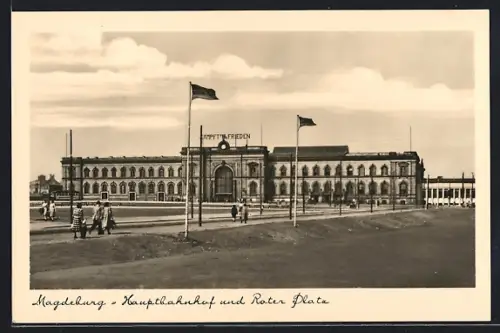 AK Magdeburg, Hauptbahnhof und Roter Platz