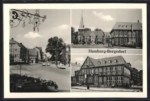 AK Hamburg-Bergedorf, Gasthaus Stadt Hamburg, Kirche, Strassenansicht