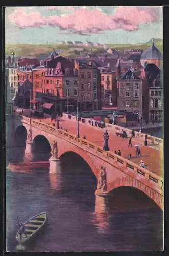 AK Liege, Pont des Arches mit Passanten