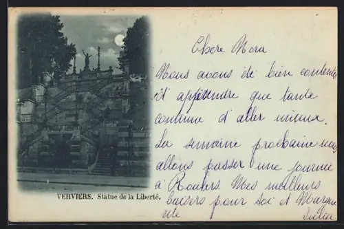 Mondschein-AK Verviers, Statue de la Liberté