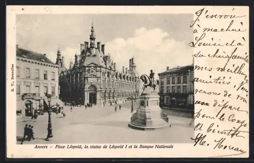 AK Anvers, Place Léopold, la statue de Léopold I et la Banque Nationale