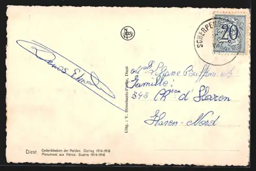 AK Diest, Monument aux Héros, Guerre 1914-1918