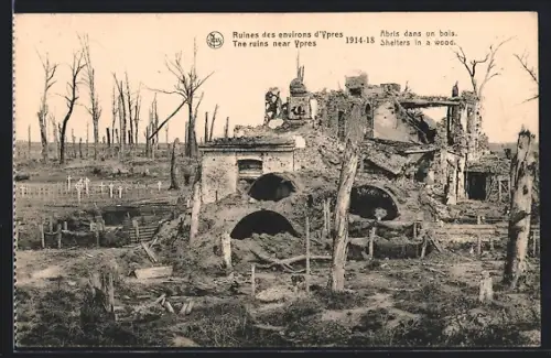 AK Ypres, Ruines des environs d`Ypres, Abris dans un bois