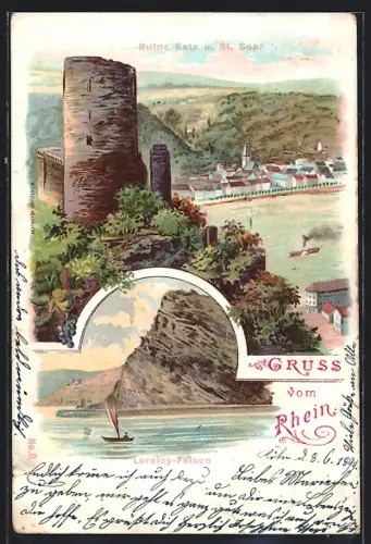 Lithographie St. Goar, Ruine Katz, Loreley-Felsen