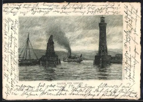 Künstler-AK Lindau / Bodensee, Hafeneinfahrt mit Leuchtturm