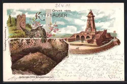 Lithographie Kyffhäuser, Denkmal, Burgruine, Barbarossa-Höhle