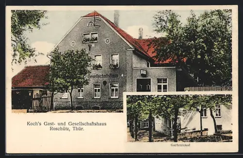 AK Roschütz /Thür., Koch`s Gasthaus und Gesellschaftshaus, Gartenlokal